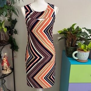 Enfocus Studio Navy and Coral Chevron Mini Dress